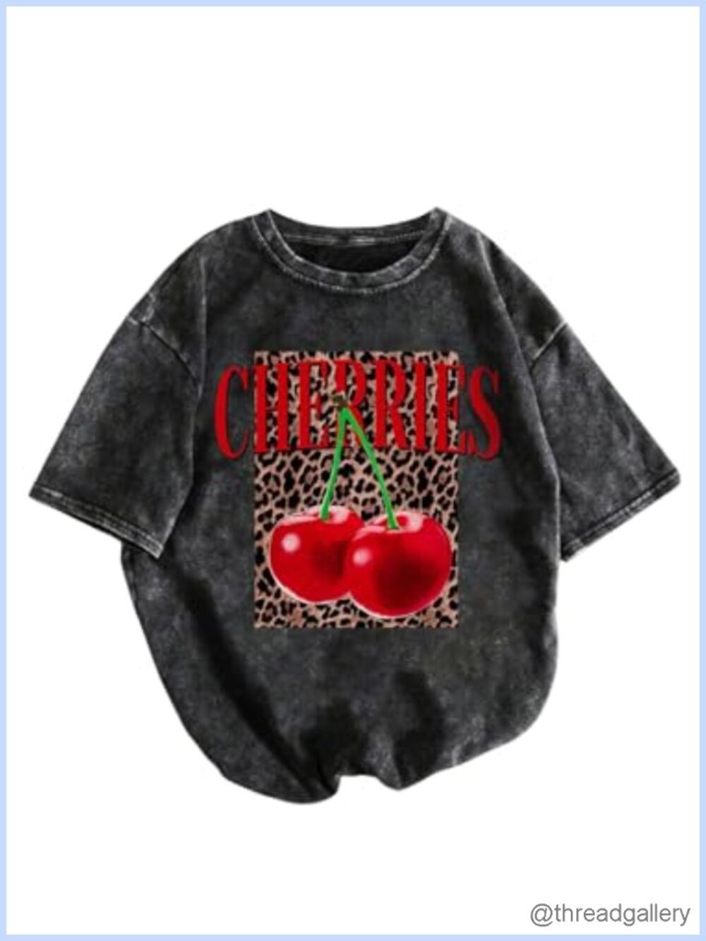 Washed Short Sleeve Cherry Leopard Graphic Vintage Crew Neck Tee